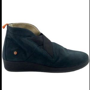 Softinos “Adi” slate nubuck leather slip on bootie w/elastic straps across vamp